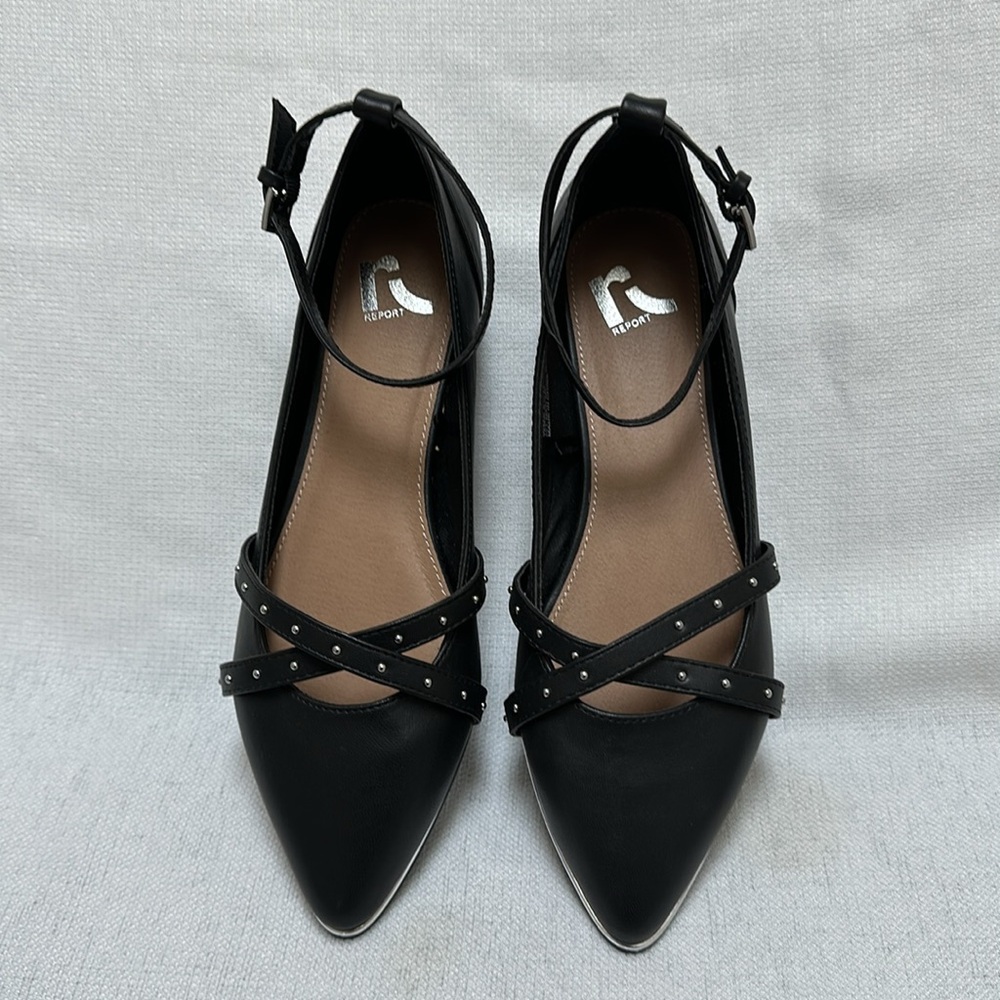 Report Black Strappy Pointed Toe Silver Trim Flat Women's Shoes - Picture 2 of 10